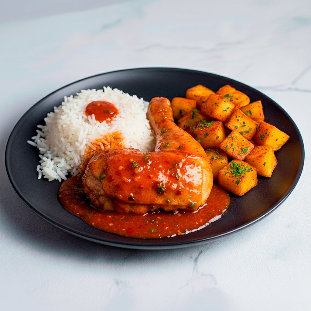 Pollo en salsa guajillo y papas bravas