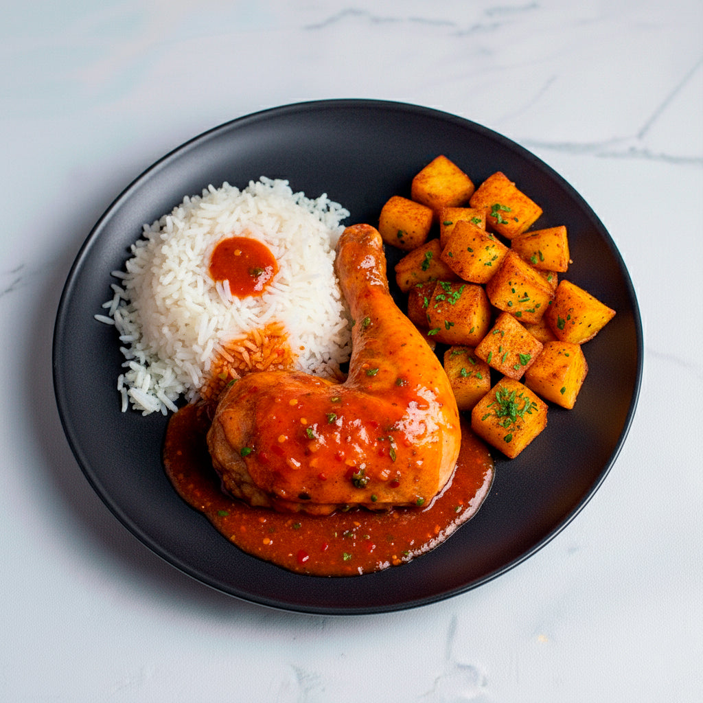 Pollo en salsa guajillo y papas bravas