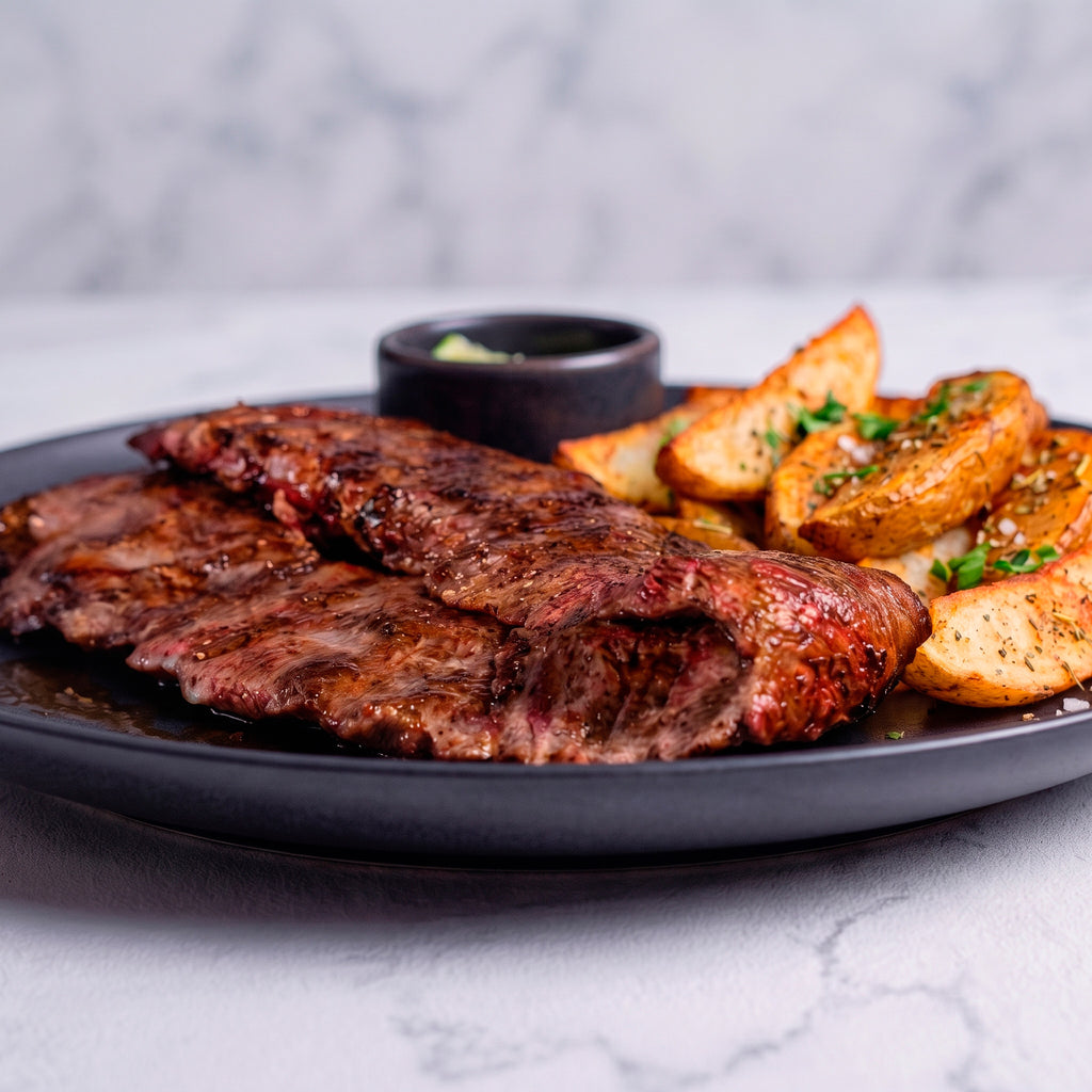 Arrachera al grill y papas gajo