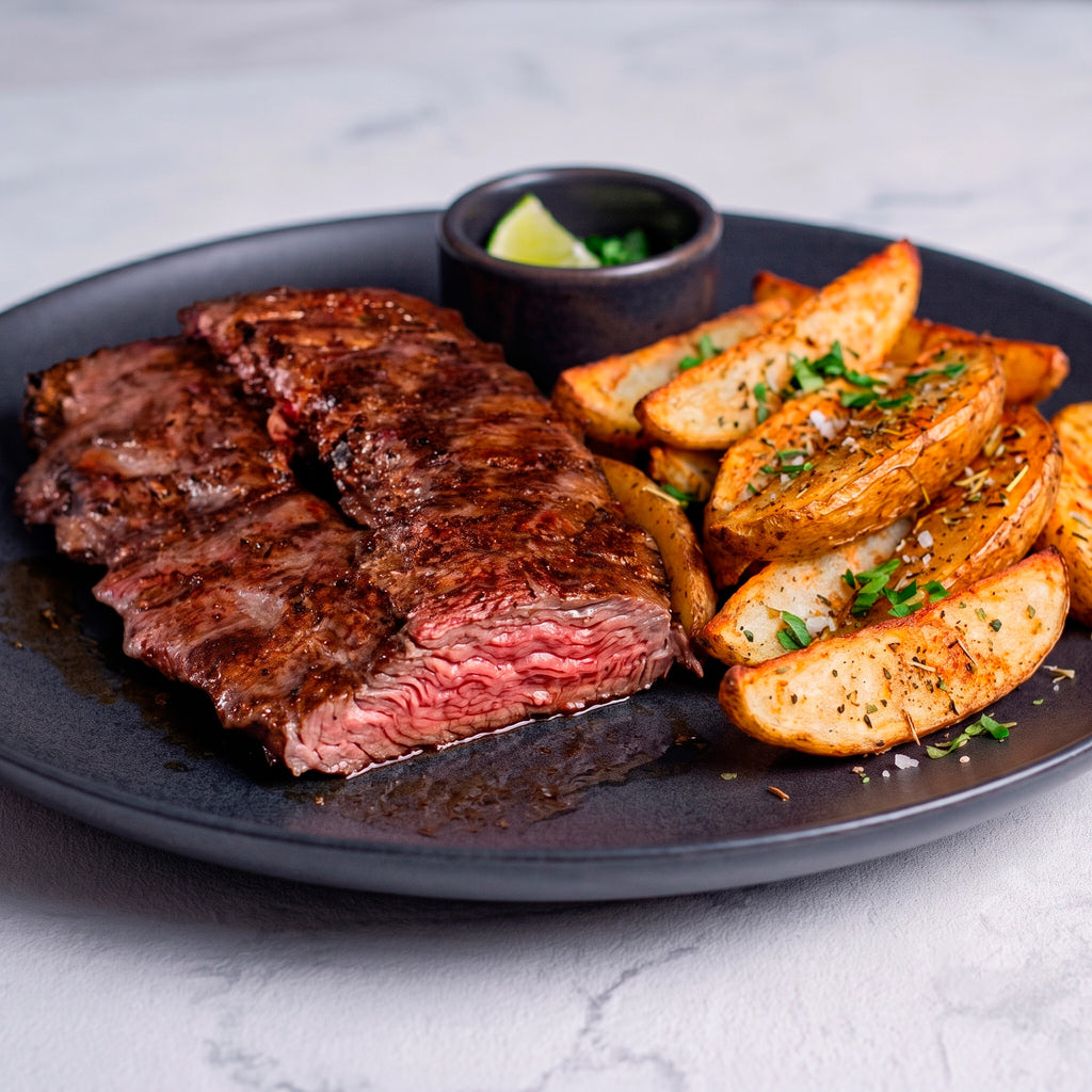 Arrachera al grill y papas gajo