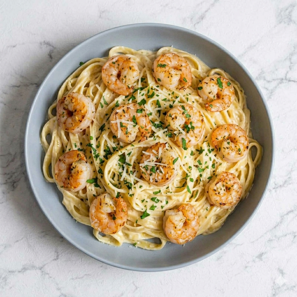 Fetuccini con Camarones en Salsa Alfredo