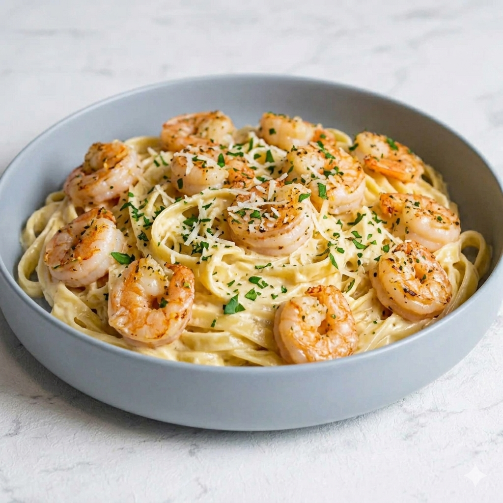Fetuccini con Camarones en Salsa Alfredo