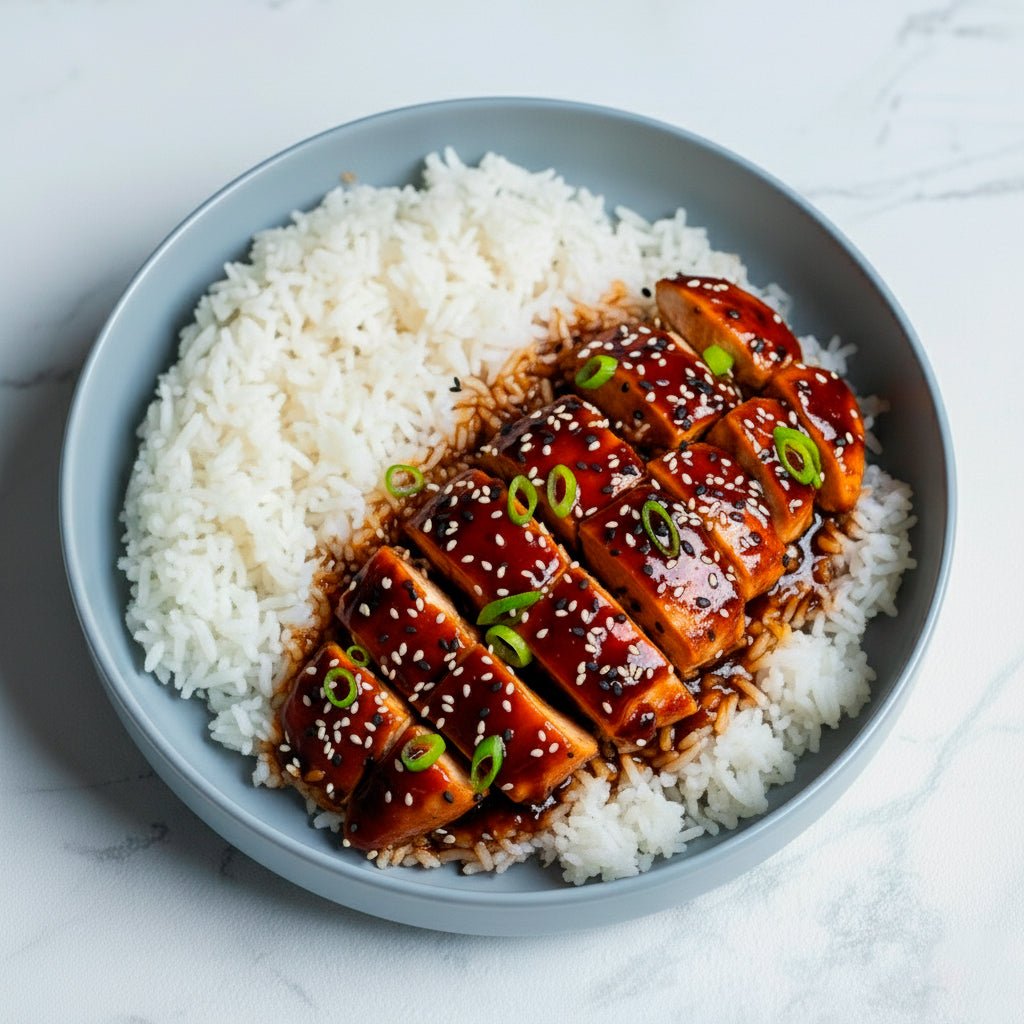 Pollo teriyaki con arroz blanco