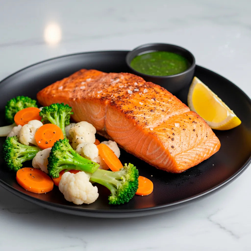 Salmon con vegetales al vapor